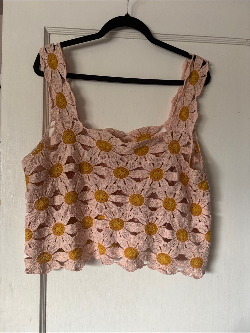 Pink Daisy Crochet Crop Top with Yellow Centers